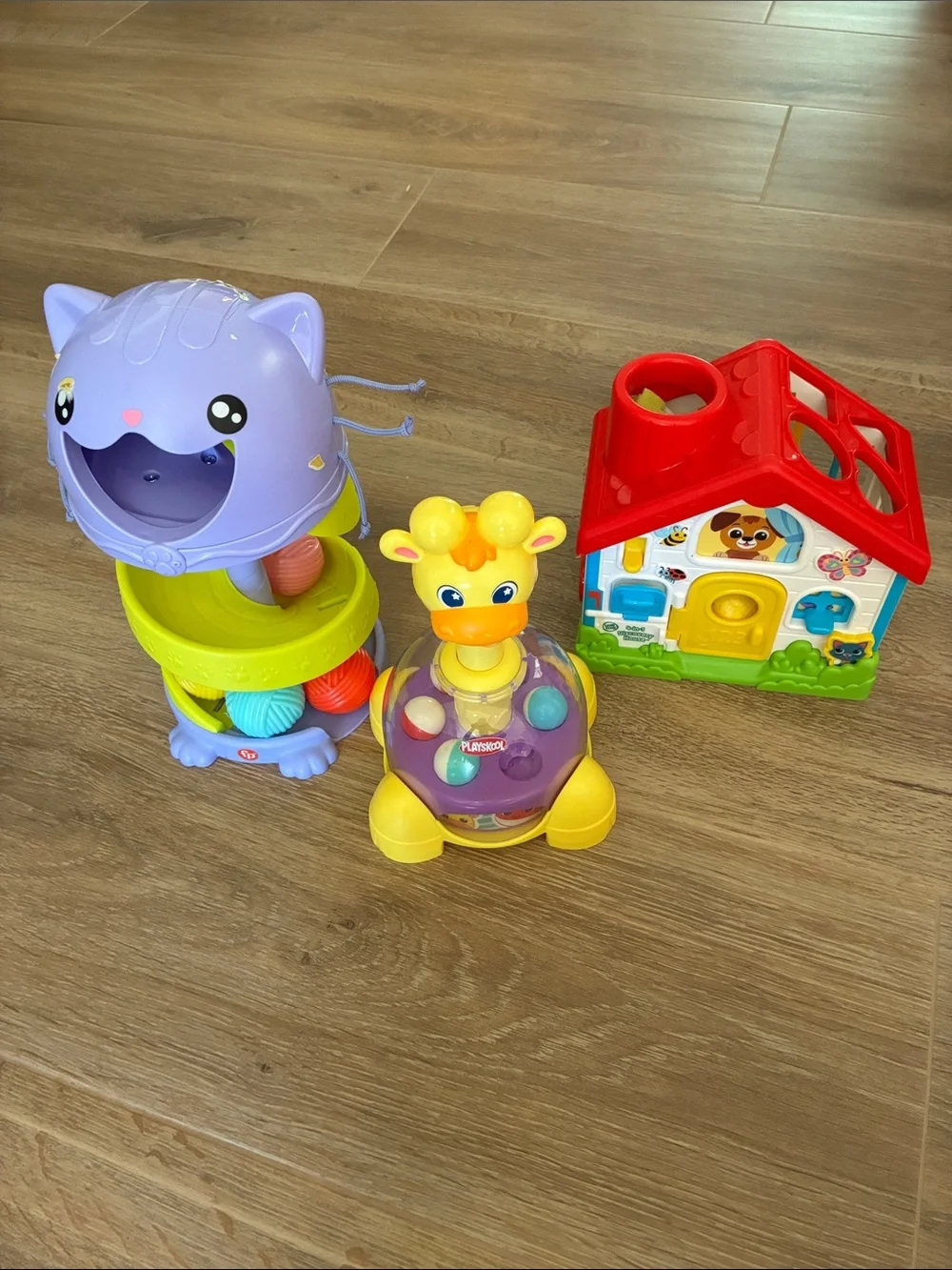 Baby Toy Bundle - Popper, Shape Sorting House, Cat/Ball Rolling Toy
